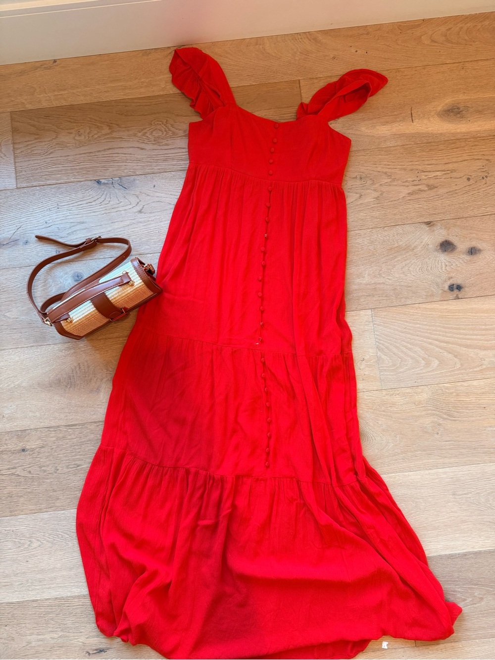BB Dakota Bright Red Button-Front Ruffle Strap Maxi Dress